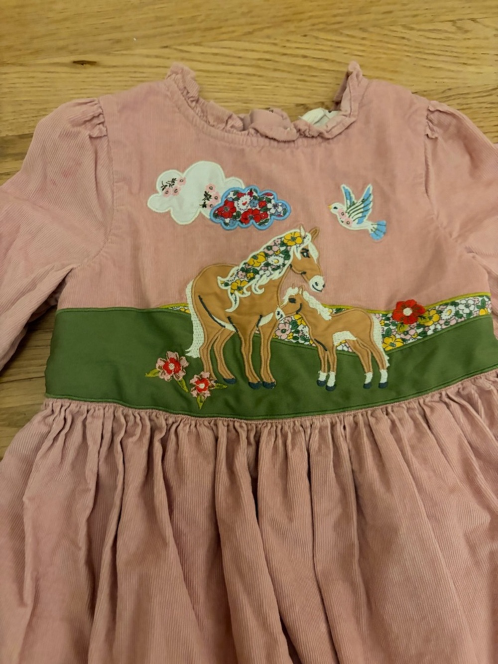 Mini Boden Pink Long-Sleeve Embroidered Horses Waist-Panel Dress - Picture 2 of 4